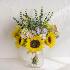 SUNNY BROOK Artificial Sunflower with Vase, Pink Daisy Faux Flowers, Silk Fake Flower in Vase, Arrangement for Home Spring Décor Dining Table Centerpiece Decorations Coffee Table Décor