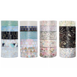Washi Tape Set, 20 rollos de cinta adhesiva decorativa con estampado dorado para manualidades, diarios, agendas, álbumes de recortes, tarjetas y envoltorios (Style 2)