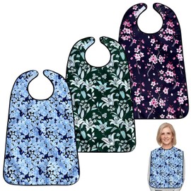 3 Pcs Adult Bibs, Waterproof Reusable Bib with Crumb Catcher for Women Men, Adult Bibs for Elderly Washable, Flower Printed Adjustable Clothing Protectors for Elderly, Senior, Disabled, Convalescents