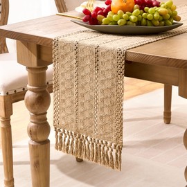 Velvhom Brown Macrame Boho Country House Style Table Decoration Modern Crochet Lace Tassel Rustic Table Runner Farmhouse Summer Decoration for Kitchen Holiday Wedding Birthday 30 x 180 cm