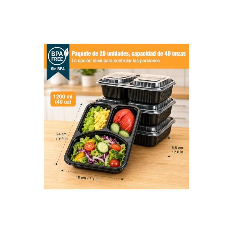 20 Contenedores para Alimentos de 40 oz, 3 Compartimentos y