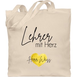 Geschenk mit Namen personalisiert by Shirtracer - Cotton Bag - Teacher with Heart with Name | Teacher Gift | Leaving Gift Teacher | Teacher Gifts for Leaving | Gifts for Teachers, 1 natural white