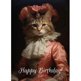 PIXILUV HAPPY BIRTHDAY Greeting card ~ Serious Calm Cute Cat in Beautiful Pink Puffy Dress ~ Birthday Wishes Greetings Large Vintage Styled Card