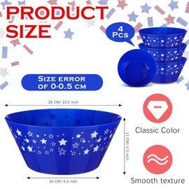 Tioncy 4 Pcs Patriotic Stars Plastic Bowls 4th of July Serving Bowls 10.2 Inches Independence Day Deep Blue Dessert Large Bowls Snack Fruit Candy Holder for Party Supplies Table Decor