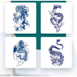 BREYLEE Tattoo Sticker, Large, Japanese Carved, Long Lasting, Waterproof, Stylish, Cool, Tattoo Sticker, Japanese Pattern, Men's, Women's, 5.9 x 8.3 inches (15 x 21 cm) (D(Dragon Series - 8 Pieces))