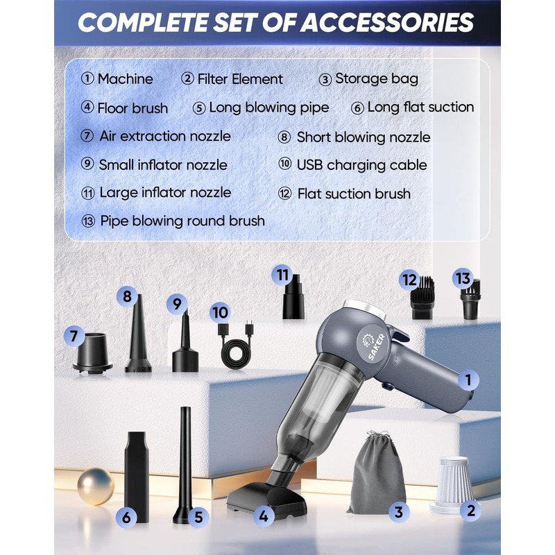 Saker 6 in 1 Car Vacuum Cleaner, 20000PA Handheld Vacuum