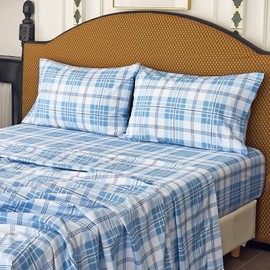 MICORAL Queen Sheet Set Plaid Patten, 4-Piece Printed Bed Sheets, 16" Deep Pocket, Ultra Soft & Cooling Sheet, Oeko-TEX Certified, Plaid Light Blue