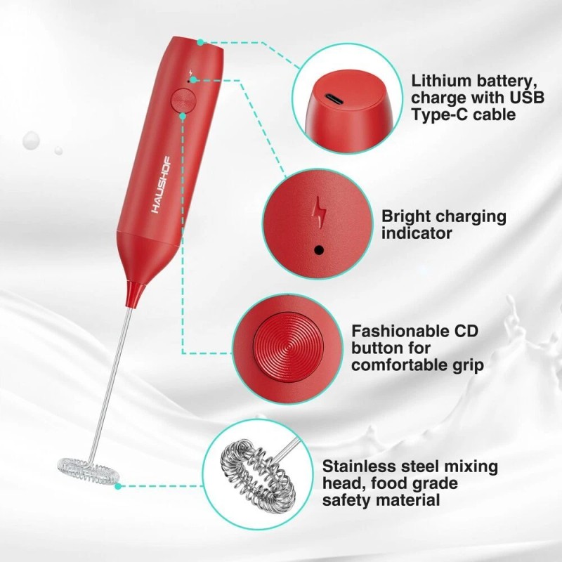 HAUSHOF Handheld Rechargeable Milk Frother Wand with Stand Electric Drink