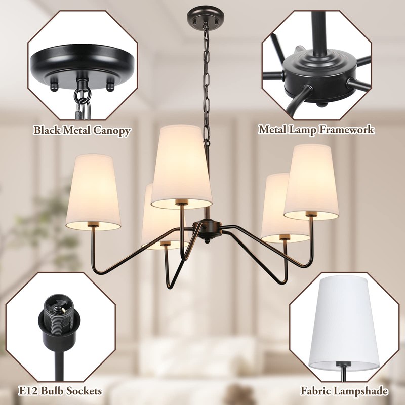 5-Light 30” Modern Chandelier with White Shades, Classic Pendant Ceiling
