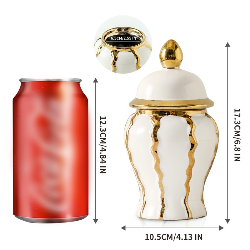 Small White and Gold Vase, 6.8in Decorative Ceramic Ginger Jar