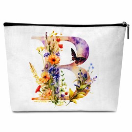 Flower Letter Makeup Bag Letter B Cosmetic Bag Letter Toiletry Pouch Initial Makeup Bag Birthday Gifts for Women Mom Friends Bride Bridesmaid Cosmetic bag-B02