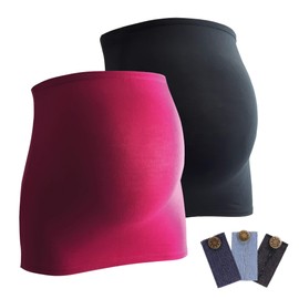 Mamaband Maternity Bump Band in Twin Pack + Pack of 3 Jeans Extenders, Back Warmer and Top Extender for Pregnant Women, Stretch Fabric Maternity Wear - Magenta/Black, size: 32-38