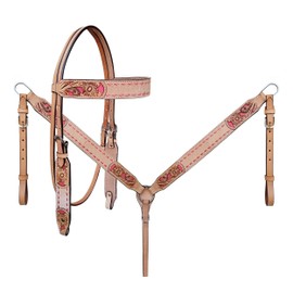 CHALLENGER Horse Western Filigree Pink Inlay Rough-Out Leather Bridle & Breast Collar Tack Set 78RS18PKB