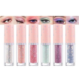 Glitzer Flüssige Lidschatten Set, 6 Farben Auffällig Liquid Eyeshadow mit Pailletten Funkeln, Schnell Trocknende & Glatte Schimmer Glitter Eyeshadow, Wasserfest & Langlebig Augen Makeup Set für Frauen