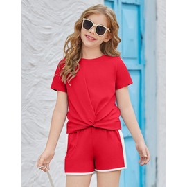 Arshiner Teen Girls Summer Outfits Soild Color Twist Front Top Shirts and Jogger Shorts Pant 2Pcs Tracksuit Athletic Outfit Red 13-14Y