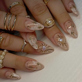 SXVME Soft Gel Press on Nails Medium Almond, French False Nails with 3D Gold Star Sun Heart Diamond Rhinestones Full Cover Gradient Pink Fake Nails Press ons, Cute Stick on Nail for Women 24 Pcs