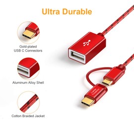 CableCreation Micro USB & Type C to USB 2.0 Female Adapter Cable, 0.6ft Short OTG (on-The-go) Cable Compatible with Pixel 3XL 2XL, Galaxy S22/S20/S10, Android and Type C Devices, 0.18M /Red