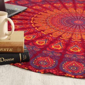 Popular Handicrafts Round Tapestry Wall Hanging Ombre Hippie Mandala Bohemian Hippy Intricate Indian Tapestries Tablecloth 50 Inches (127cm) Maroon Yellow