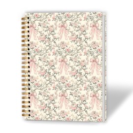 XUNLURY Coquette Pink Bow Floral Notebook, Aesthetic Preppy Bow Flower Journal, Chinoiserie Floral Journal, Grandmillennial French Country Hardcover Spiral Notebook, 5.5x8.3 Inch