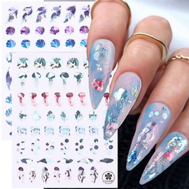 Sea Animals Nail Art Adhesive Sticker 3D Self-Adhesive Nail Decals Art Design Holographic Shell Fish Jellyfish Nail Art Sticker Decoration for Women Manicure Tips Acrylic Nails DIY Nails Art Supplies