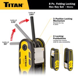 Titan 12771 8-Piece Metric Folding Allen Wrench Set, Locking Hex Key Locks at 90°, 135° & 180° via Two Push Buttons, Sizes 1.5mm to 8mm