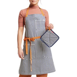 hedley & bennett Essential Apron – Adjustable Chef Bib with 3 Pockets & Towel Loop – 12oz Cotton Denim – Palm Striped