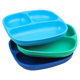 RE-PLAY Made in USA Toddler Feeding Divided Plates with Deep Sides and Three Compartments for Easy Self Feeding | BPA Free | Dishwasher Safe | Aqua, Sky Blue & Navy Blue | True Blue (3pk)