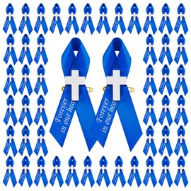 WANDIC 100 PCS Blue Satin Ribbon Pins with Cross, Memorial Ribbon Brooches in Forever in Our Hearts for Funeral Mourning Event Bereavement Remembrance