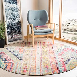 SAFAVIEH Madison Collection Area Rug - 10' Round, Blue & Orange, Boho Chic Tribal Distressed Design, Non-Shedding & Easy Care, Ideal for High Traffic Areas in Living Room, Bedroom (MAD422F)