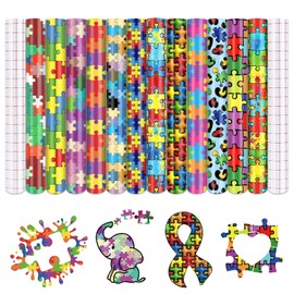 HTVSTD Autism Puzzles Permanent Vinyl 12 Sheets 12"x10" Jigsaw Puzzles Permanent Adhesive Vinyl Rainbow Color Sticker Vinyl for Mugs Self Adhesive Vinyl Compatible with Cricut/Silhoutte Cameo