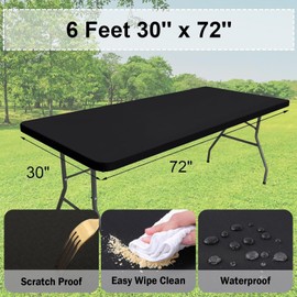 UgyDuky 6Ft Rectangle Fabric Table Cloth Waterproof Polyester Elastic Fitted Tablecloth Washable Table Protector Cover Washable and Wrinkle Resistant Stretch Rectangular Patio Table Cover (Black)