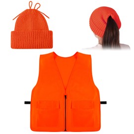 Fingertip WD 2 PCS Orange Hunting Vest for Women Men, Orange Hunting Vest with Hunting Hat Knit Beanie Cap for Outdoor Sports, Fishing, Traffic, Hunting Hiking