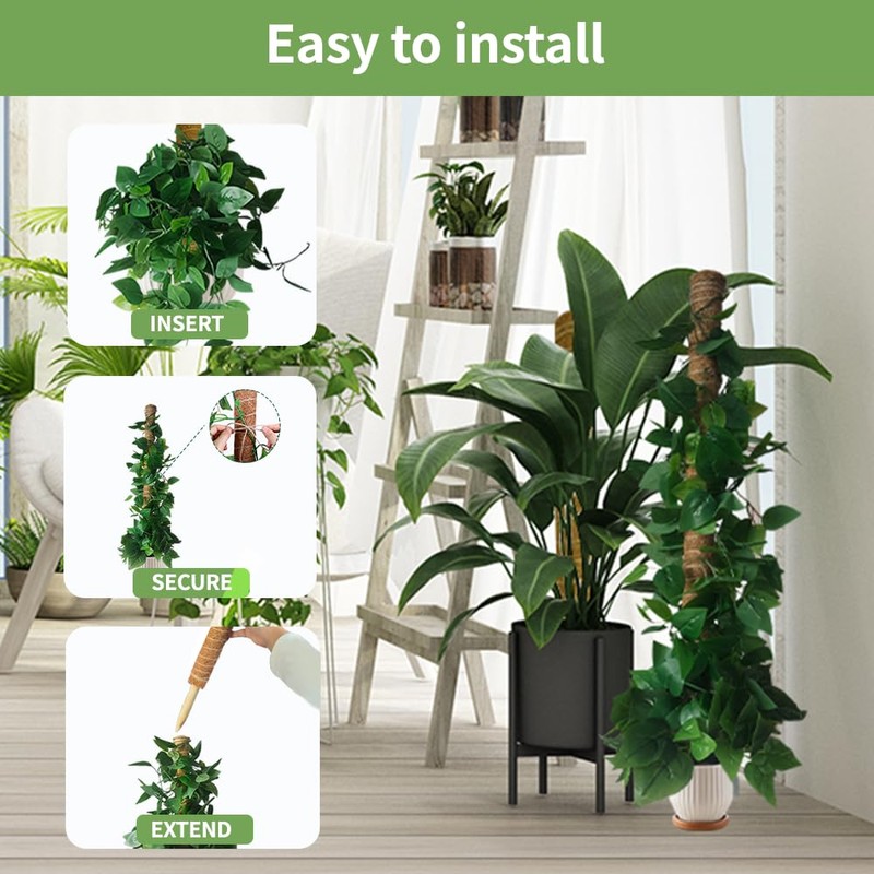 Moss Pole Monstera Plant Support: 4 Pack 16 inch Stackable