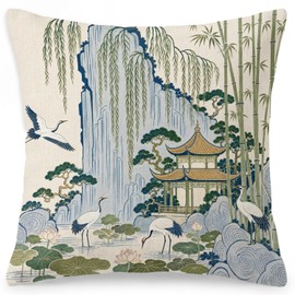 RBAFAO Vintage Asian Scenic Theme Throw Pillow Covers 18x18 Inch, Double Sided Print Chinoiserie Scenic Botanical, Outdoor Indoor Patio Decorative Cushion Cover for Sofa Bedroom (Green)