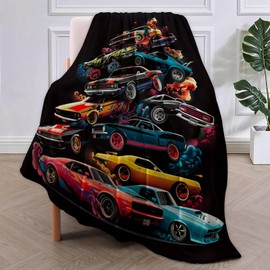 VANZEV Muscle Cars Throw Blanket, Black Vintage Sports Car Print Fleece Blanket, Lightweight Warm Blanket for Boys Kids Teens Adults, Perfect for Couch Bed Sofa, Gifts for Car Enthusiasts, 60x80 in
