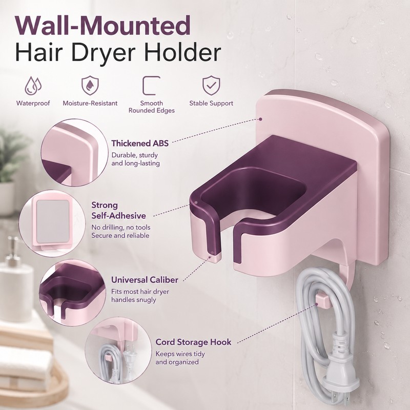 Wall Mounted Hair Dryer Holder for Bathroom Storage – Punch-Free