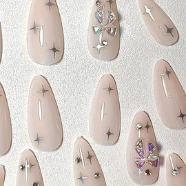 24 Medium Almond False Nails with Rhinestone Butterfly and Star Patterns. Nude Stick Ons with Removable, Full-Cover, Glue Ons. Perfect for Women and Girls As Nail Accessories