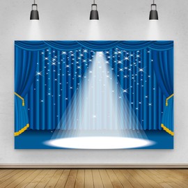 TTQYFNM 9x6ft Theater Stage Backdrop Blue Curtain Spotlight Shining Stars Photography Background for Drama Show Festival Celebration Birthday Party Adults Performance Portraits Photo Shoot Props