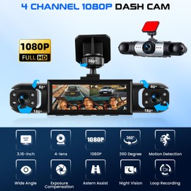 4-Channel CAMECHO Dash Cam Car 1080P, 360° All-Round View with 4 Adjustable Cameras, 3.16 Inch Display, Reversing Aid Lines, Exposure Compensation, Loop Recording, Easy Assembly