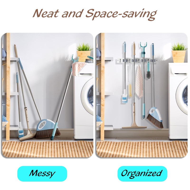OUTNILI White Mop Broom Holder Wall Mount with 4 Slots
