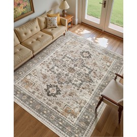 Micgeek 9x12 Vintage Area Rug: Washable Neutral Soft Non Slip Thin Large Floor Carpet for Living Room Bedroom Kitchen Dining Room Home Office Farmhouse Indoor - Taupe