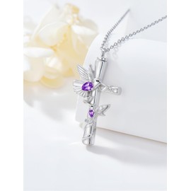HVQP Hummingbird Cross Urn Necklaces for Ashes Women White Gold Plated S925 Sterling Silver Funnel Filler Memorial Cremation Jewelry with Amethyst February Birthstone Sympathy Gifts for Women Loss of Loved One