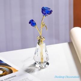Arikyrist Crystal Rose Flowers Figurines Home Decor, Blue Glass Flowers with Stems, Collectible Figurines Crystal Rose Flower Gifts for Women on Mother's Day Valentine