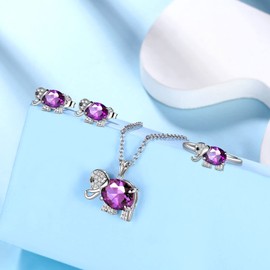 Crystal Amethyst February Birthstone Elephant Earrings Necklace Set Adjustable Animal Ring 925 Sterling Silver Good Luck Animal Elephant Pendant Jewelry for Women Teen Girls Valentine Day Gift FS195F
