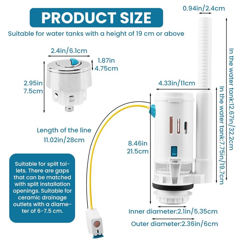 Toilet Dual Flush Valve with Push Button, Adjustable Toilet Cistern
