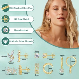 JeweBella 4-6 Pairs 14K Gold Plated Sterling Silver Earrings for Women Hypoallergenic Stud Hoops Earrings Set Zircon Ear Cuff Dangle Earrings Stacks Dainty Hoop Earring Sets for Multiple Piercings