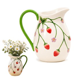 White Strawberry Pitcher Vase Ceramic Jug with Handle | Home Decor, Kitchen Dining, Strawberry Gifts, For Adults Teens Students