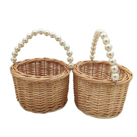 Rustic Wicker Rattan Wedding Flower Girl Baskets,Woven Rattan Storage Basket with Pearl Handles,Woven Eggs Candy Basket for Wedding Home Garden Decor (H - 2PCS)