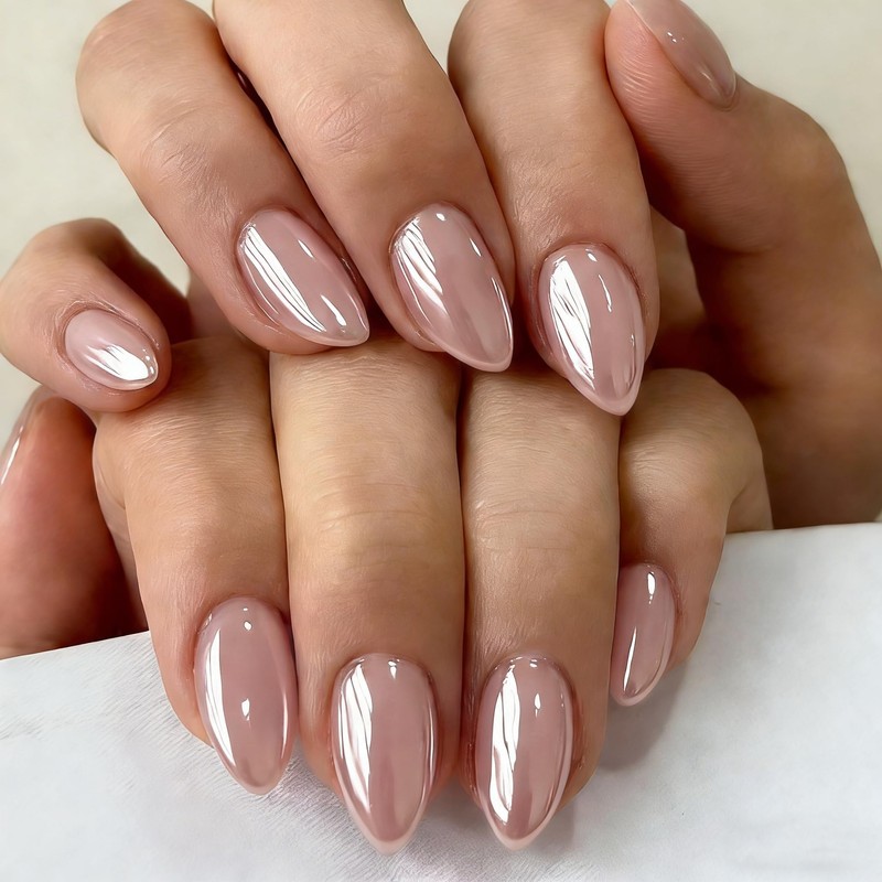 SXVME Uñas postizas cortas almendradas color rosa nude cromado, uñas