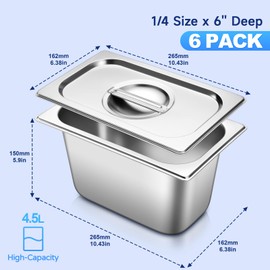 Hotel Pan With Lids 1/4 Size 6 Inch Deep Stainless Steel Chafing Dishes for Buffet, Steam Table Pan, Metal Commercial Food Pans for Food Prep/Catering/Food Serving (6 Pack, Half Size 1/4 x 6" Deep)